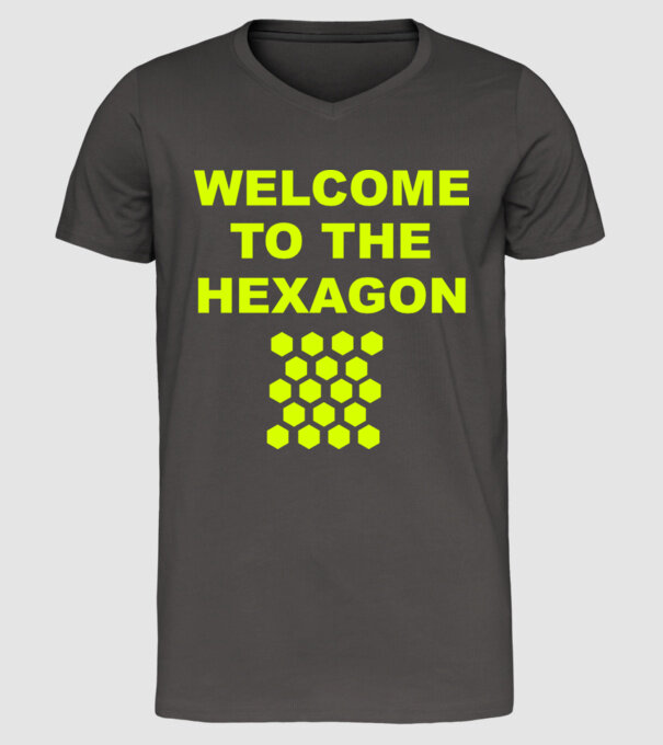 Welcome to the hexagon model gri închis pe tricou