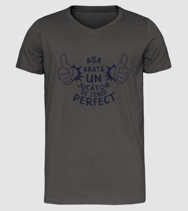 Așa arată un JUCĂTOR DE TENIS perfect model gri închis pe tricou