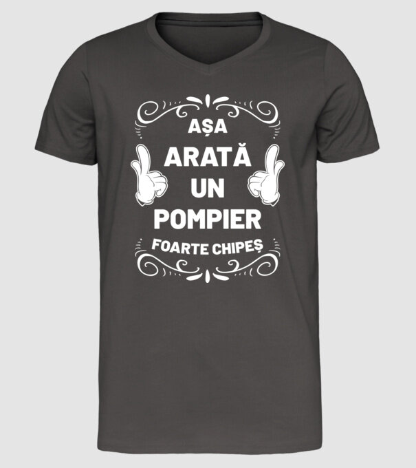 Așa arată un pompier foarte chipeș model gri închis pe tricou