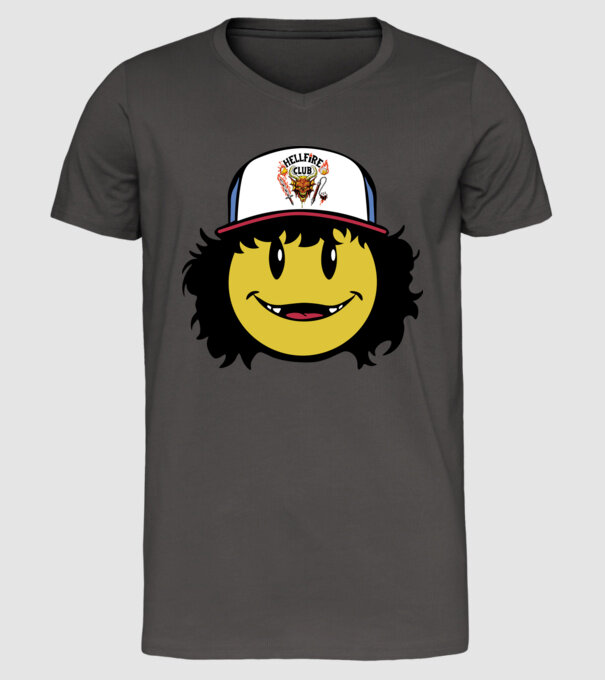 dustinhappyface model gri închis pe tricou