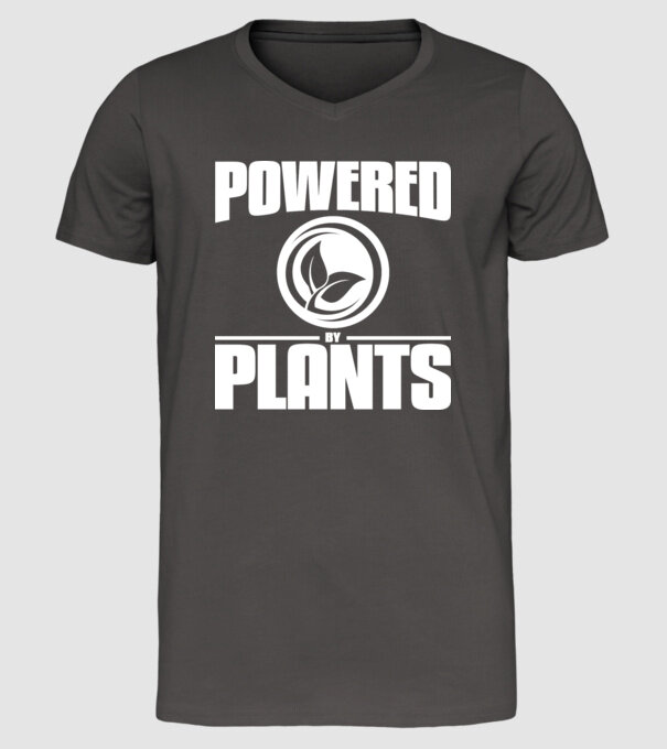powered_by_plants model gri închis pe tricou