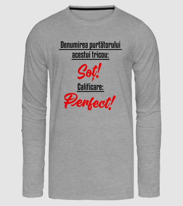 Denumirea purtătorului acestui tricou: Soț! Calificare: Perfect! model gri pe tricou