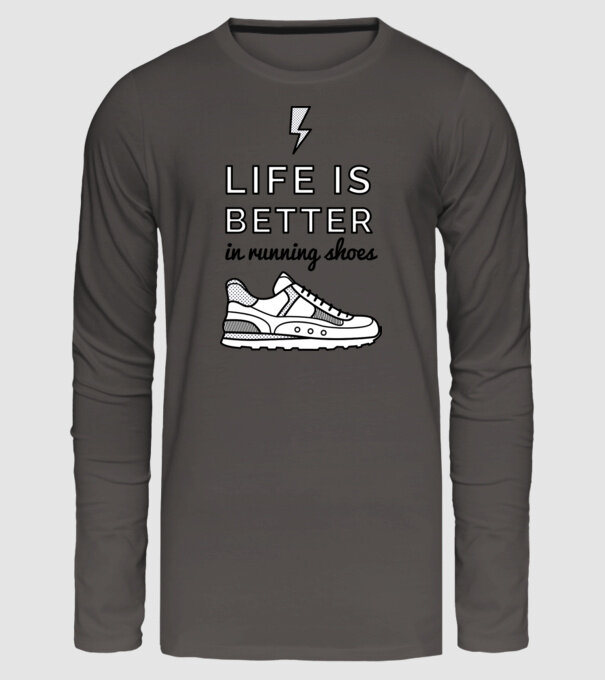 Life is better running shoes model gri închis pe tricou