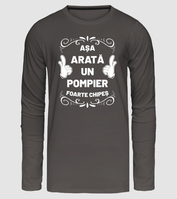 Așa arată un pompier foarte chipeș model gri închis pe tricou