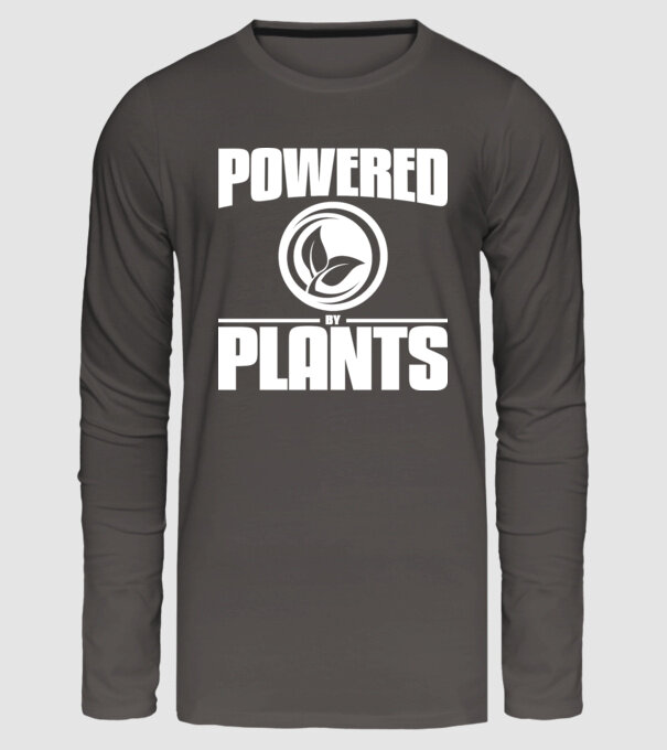 powered_by_plants model gri închis pe tricou