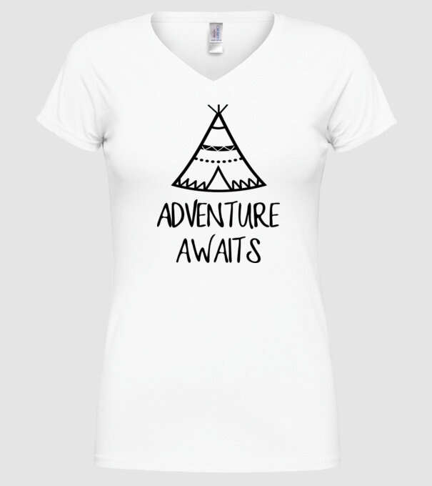 Adventure awaits teepee model alb pe tricou