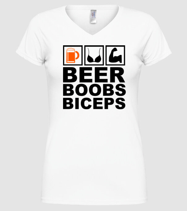 Beer Boobs Biceps model alb pe tricou