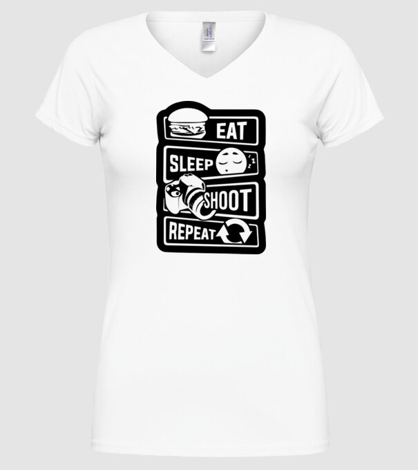 eat sleep shoot repeat model alb pe tricou