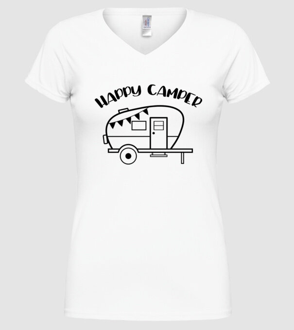 Happy camper model alb pe tricou