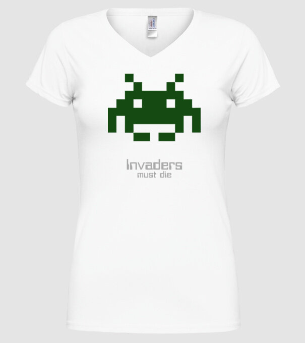 Invaders Must Die model alb pe tricou