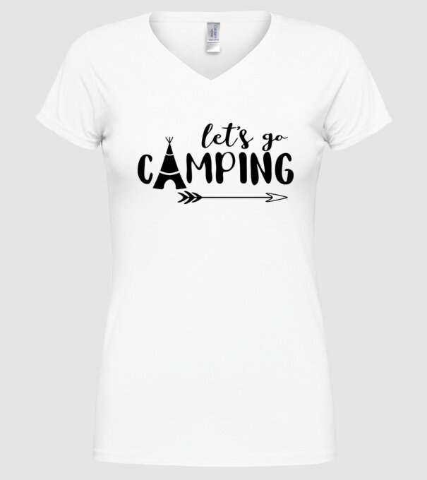 'Let''s go camping' model alb pe tricou