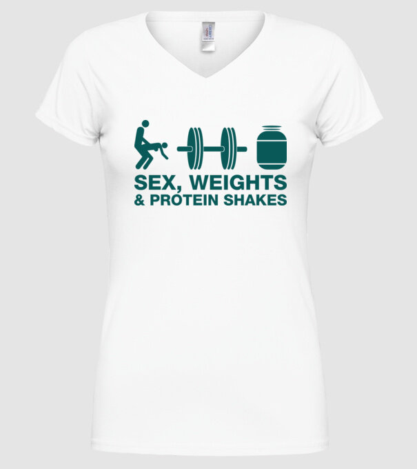 Sex, weights and protein shakes model alb pe tricou