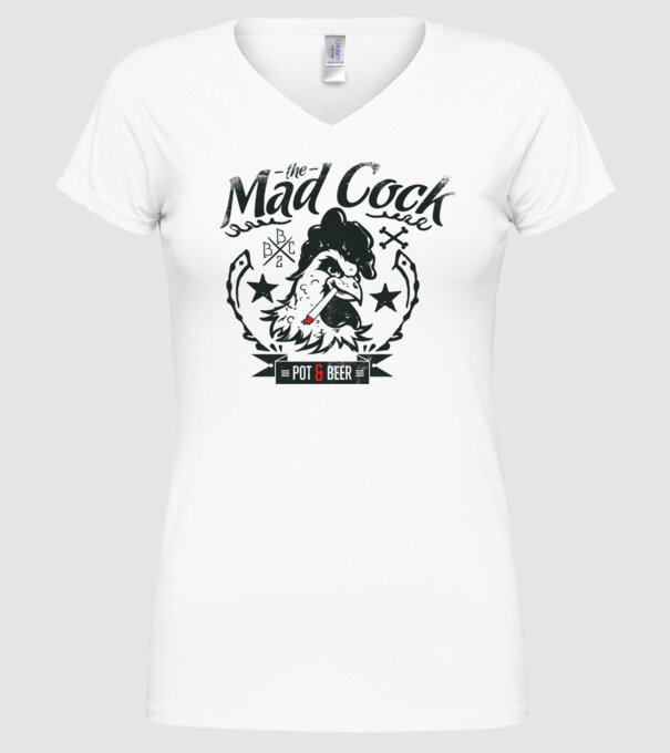 The Mad Cock model alb pe tricou