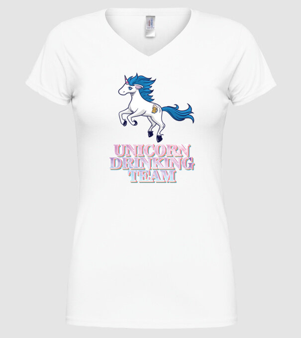 Unicorn drinking team model alb pe tricou