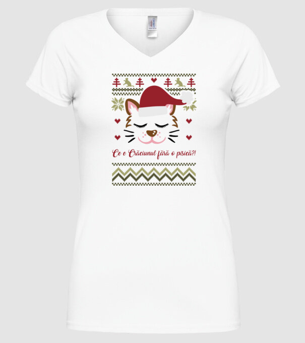 Ce e Crăciunul fără o pisică?! model alb pe tricou