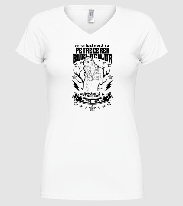 Ce se întâmplă la petrecerea burlacilor, rămâne la petrecere a burlacilor model alb pe tricou