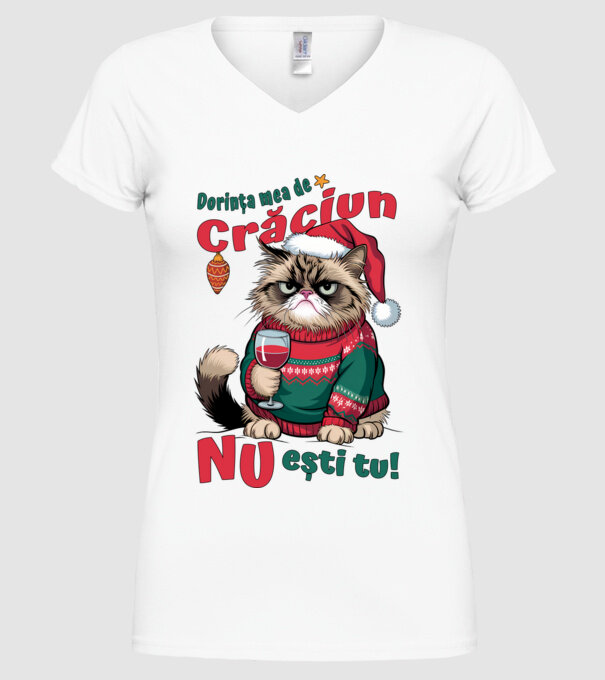 Dorința mea de Crăciun nu ești tu! pisică model alb pe tricou