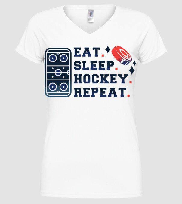 Eat Sleep Hockey Repeat model alb pe tricou
