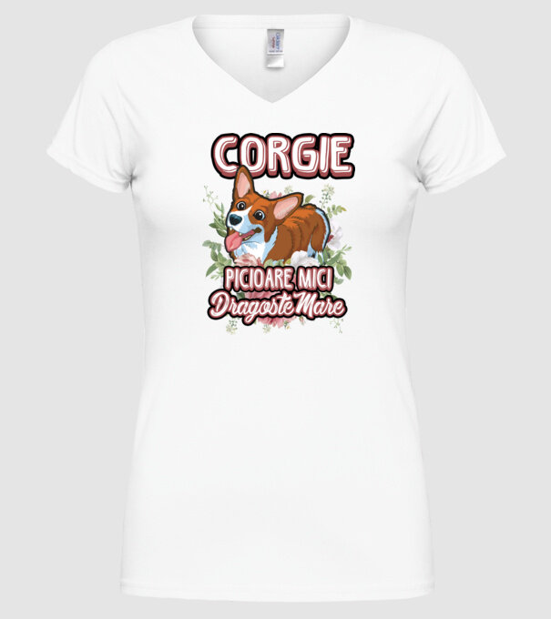 corgie : picioare mici dragoste mare model alb pe tricou