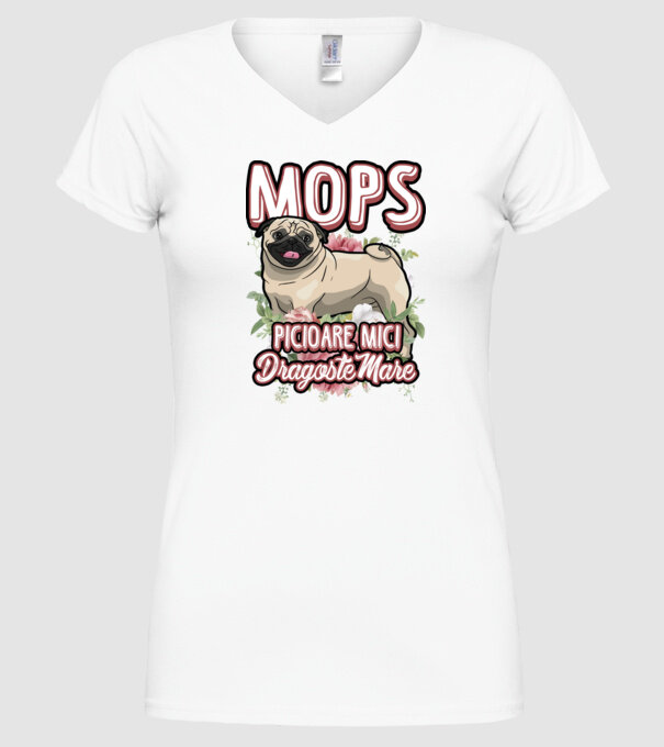 mops : picioare mici dragoste mare model alb pe tricou