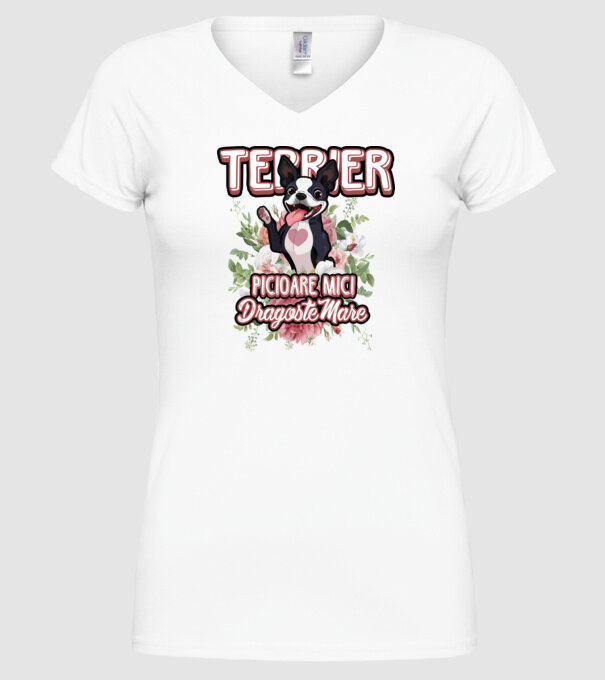 terrier : picioare mici dragoste mare model alb pe tricou