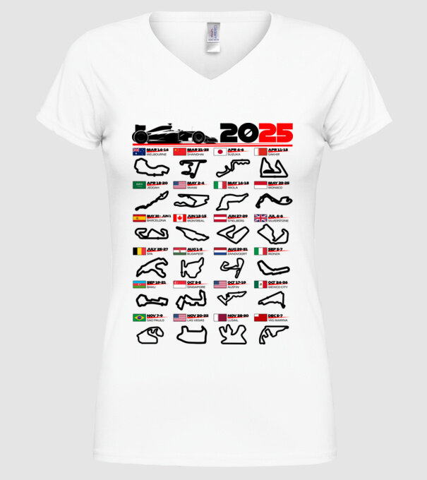 F1 calendar 2025 model alb pe tricou