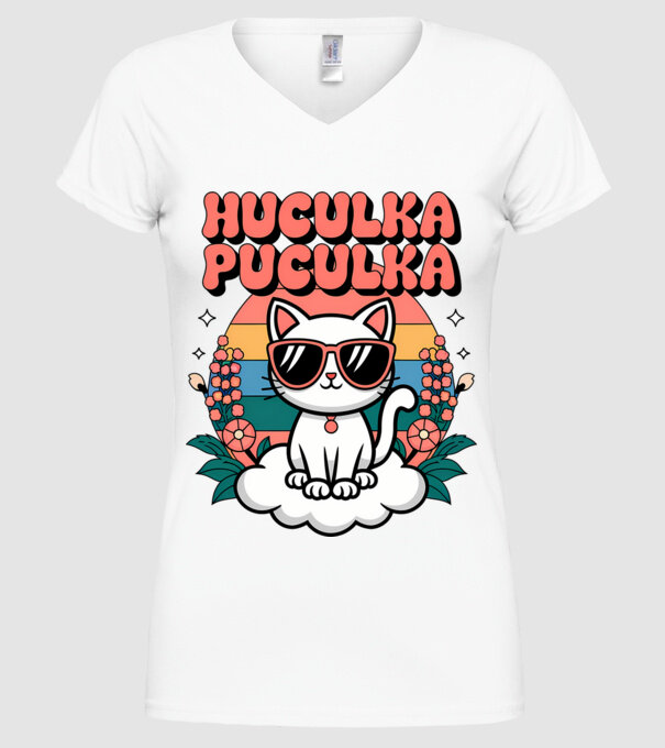 Huculka Puculka pisică 1 model alb pe tricou