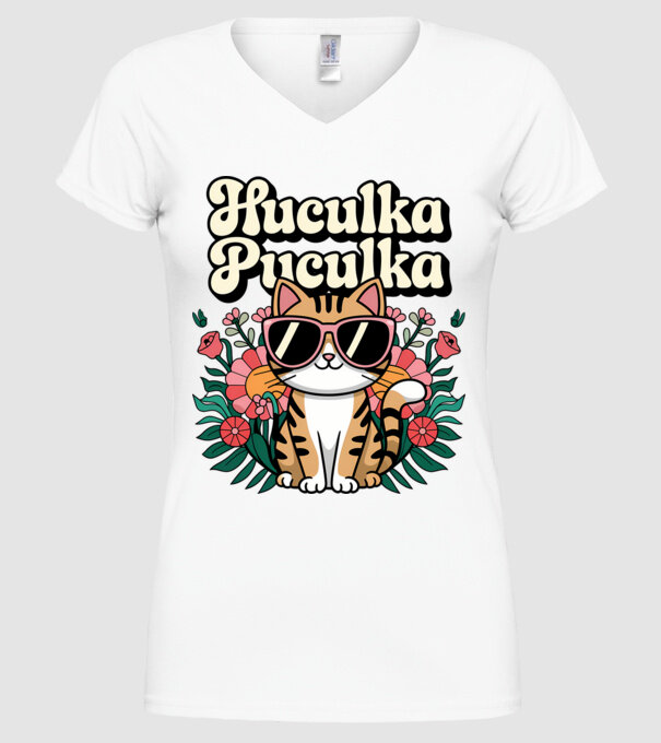 Huculka Puculka pisică 3 model alb pe tricou