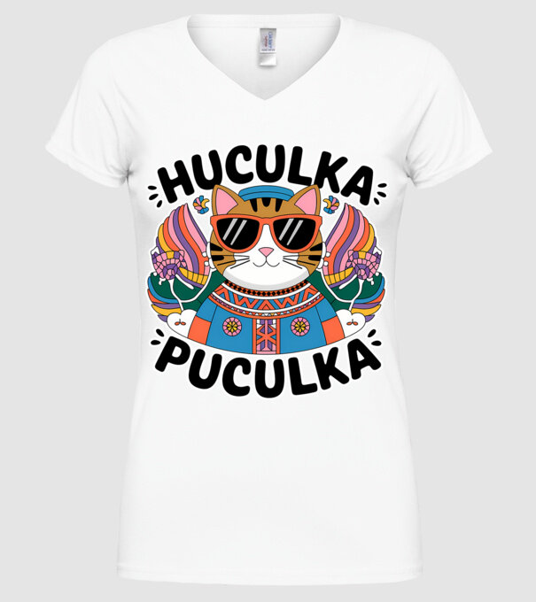 Huculka Puculka pisică 3 model alb pe tricou