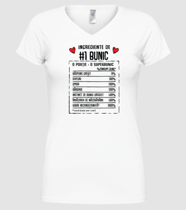 Ingrediente Bunic - o porție : un superbunic - %consum zilnic* răspuns greșit, sfaturi, umor, răbdare, instinct de bunic-ursuleț model alb pe tricou