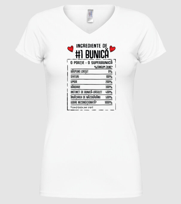 Ingrediente Bunică - o porție : o superbunică - %consum zilnic* răspuns greșit, sfaturi, umor, răbdare, instinct de bunică-ursul model alb pe tricou