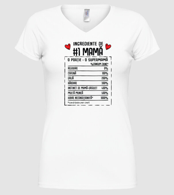 Ingrediente de Mamă - o porție : o supermamă - %consum zilnic* relaxare, cofeină, grijă, răbdare, instinct de mamă-ursuleț, mult model alb pe tricou