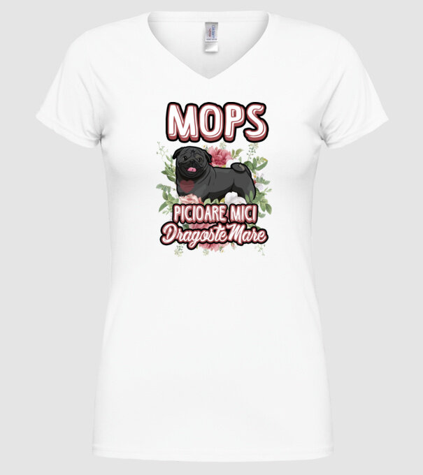 Mops negru picioare mici dragoste mare model alb pe tricou
