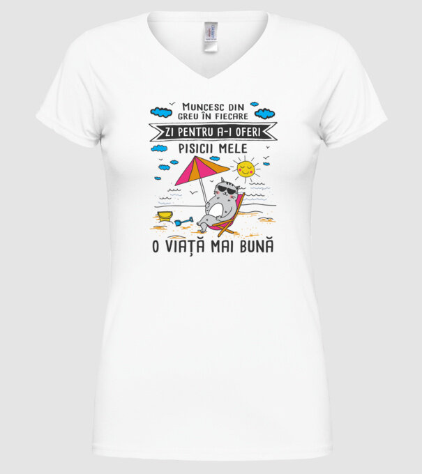 Muncesc din greu în fiecare zi pentru a-i oferi pisicii mele o viață mai bună model alb pe tricou