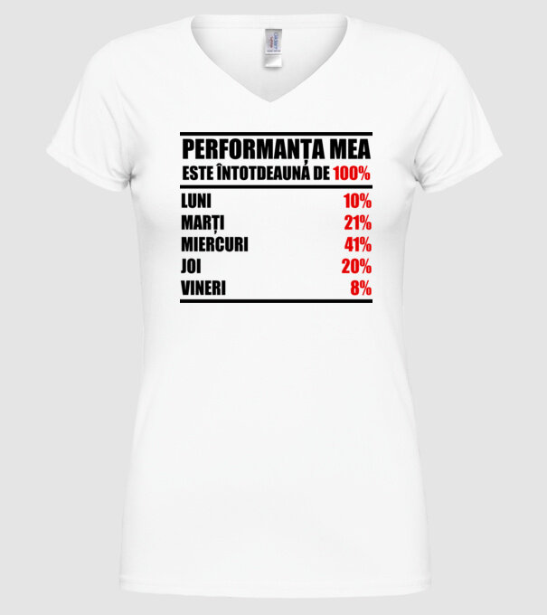 performanța mea este întotdeauna de 100% : luni, marți, miercuri, joi, vineri model alb pe tricou