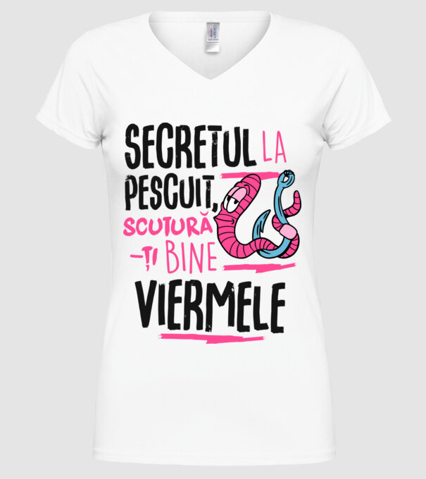 Secretul la pescuit scutură-ți bine viermele model alb pe tricou