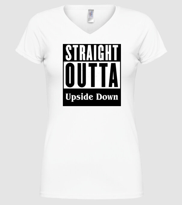 straight outta upside down model alb pe tricou
