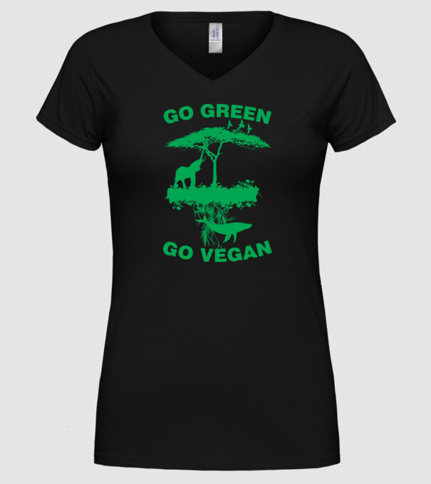 go green go vegan model negru pe tricou