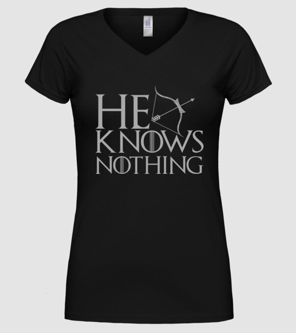 Cuplu He knows nothing model negru pe tricou