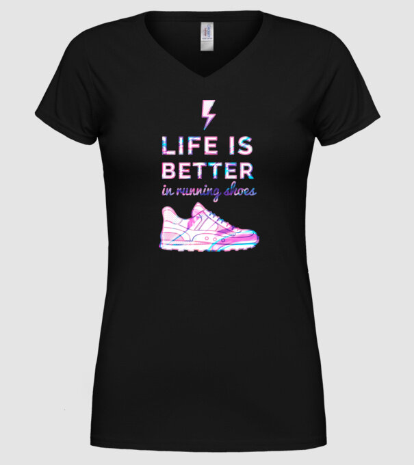 Life is better running shoes HOLO model negru pe tricou