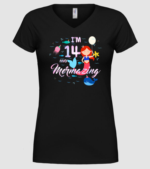 Mermazing Birthday 14 model negru pe tricou