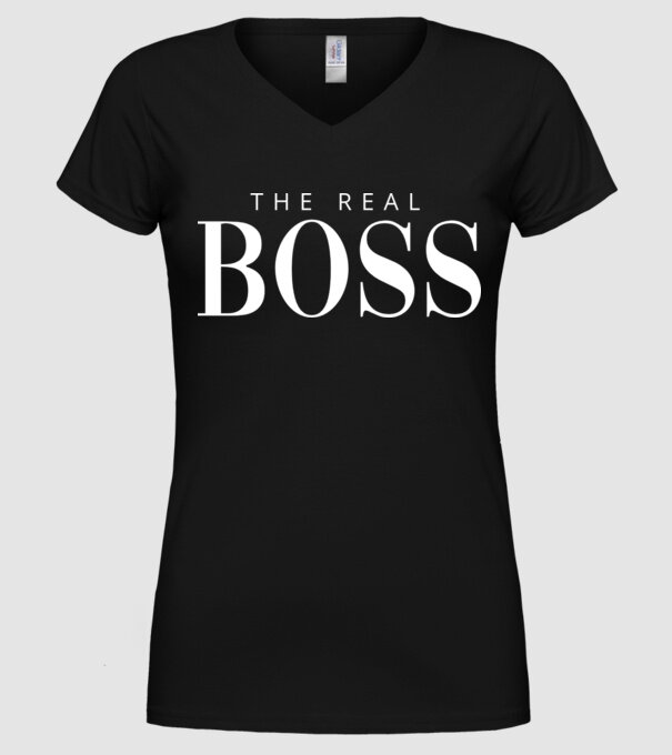 Motiv cuplu The REAL Boss model negru pe tricou