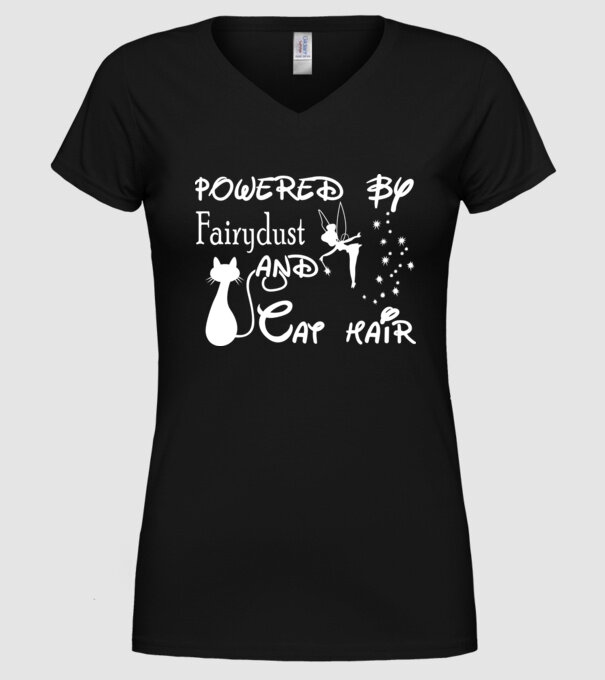 Powered by fairydust and cat hair model negru pe tricou