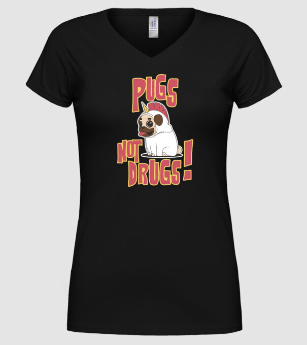 Pugs not drugs model negru pe tricou