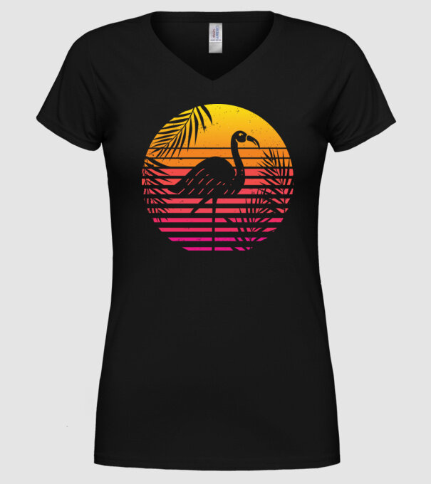 Retro flamingo sunset model negru pe tricou