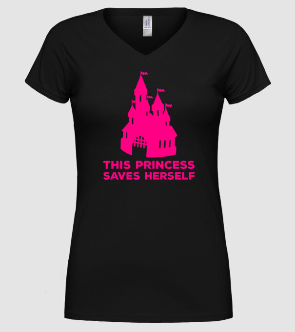 This princess saves herself model negru pe tricou