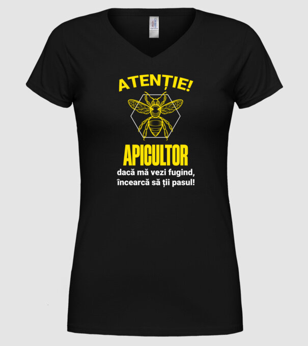 Atenție, apicultor! Dacă mă vezi fugind, încearcă să ții pasul! model negru pe tricou
