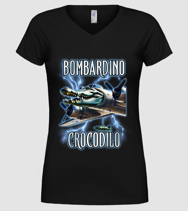 Bombardino Crocodilo model negru pe tricou
