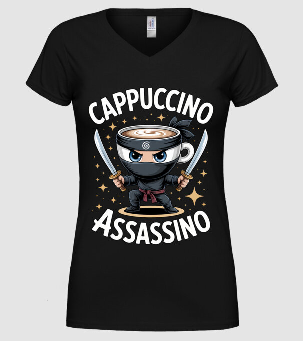 Cappuccino Assassino model negru pe tricou