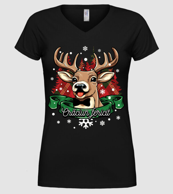 Cerb de Crăciun model negru pe tricou